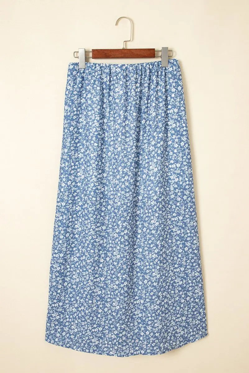 Women's Skirt - Sky Blue Floral Side Split - Summer Long