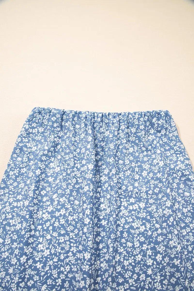 Women's Skirt - Sky Blue Floral Side Split - Summer Long