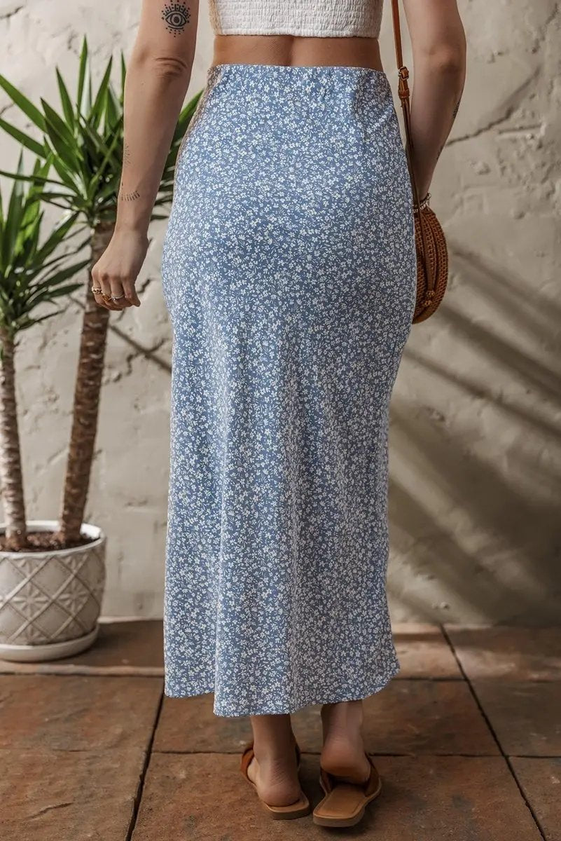 Women's Skirt - Sky Blue Floral Side Split - Summer Long