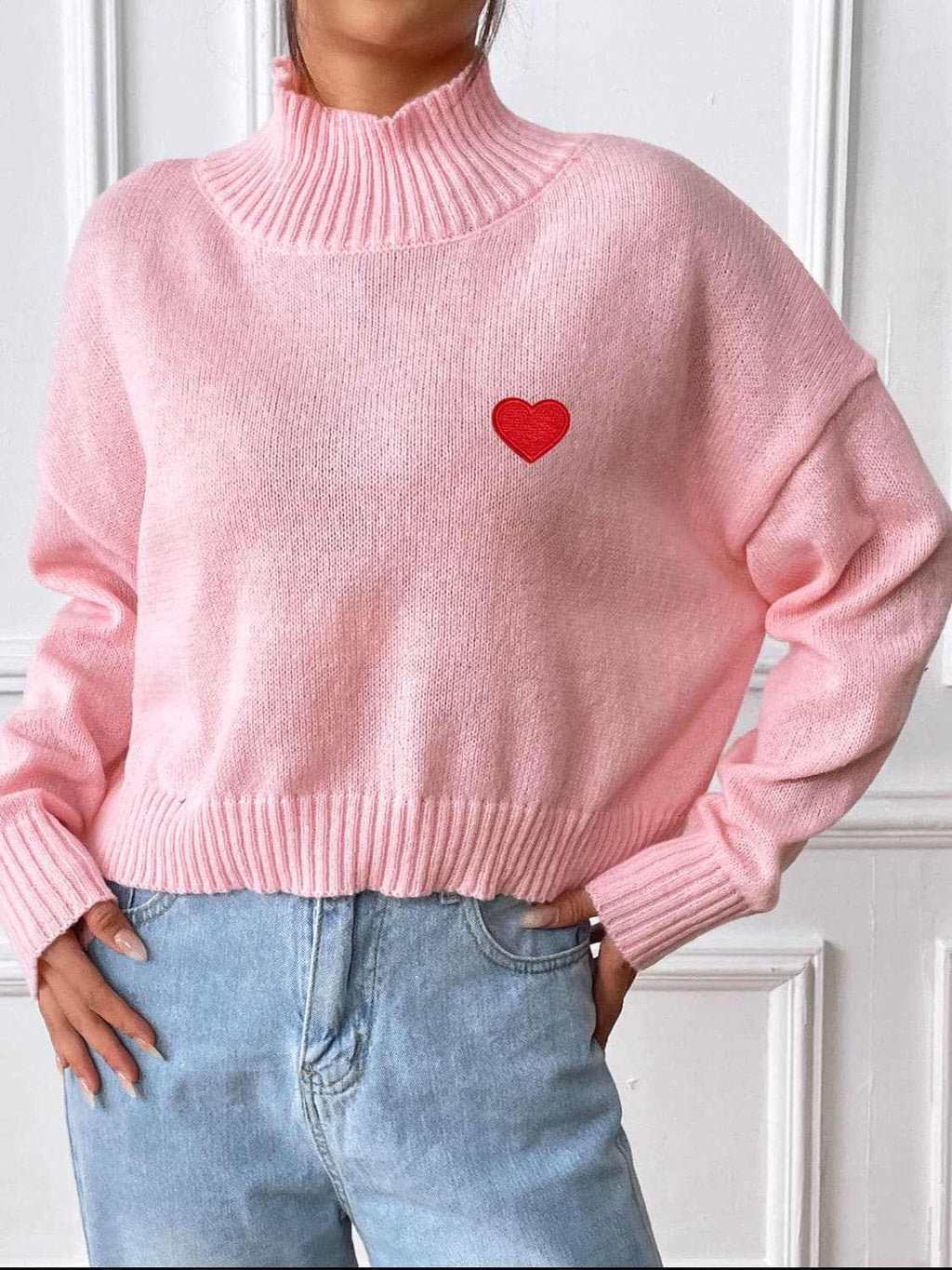 Trendsi Heart Turtleneck Sweater Women's Cozy Knit Top