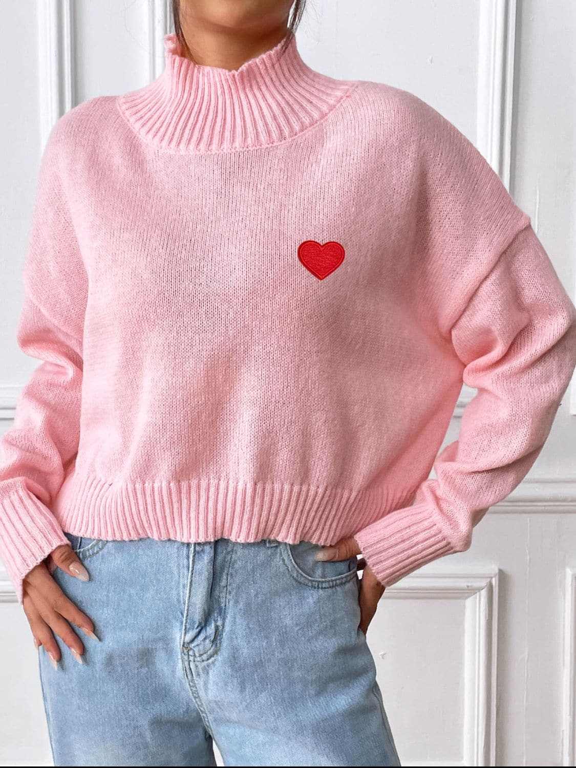 Trendsi Heart Turtleneck Sweater Women's Cozy Knit Top