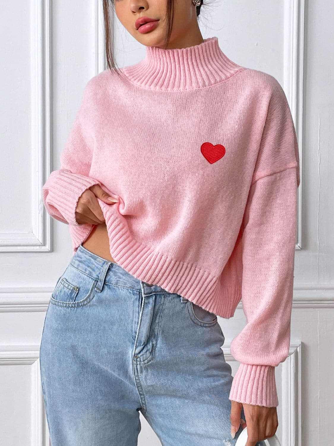 Trendsi Heart Turtleneck Sweater Women's Cozy Knit Top