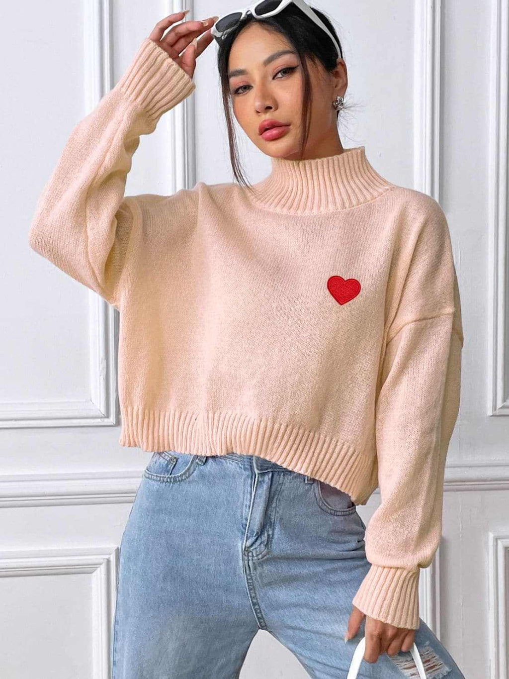 Trendsi Heart Turtleneck Sweater Women's Cozy Knit Top