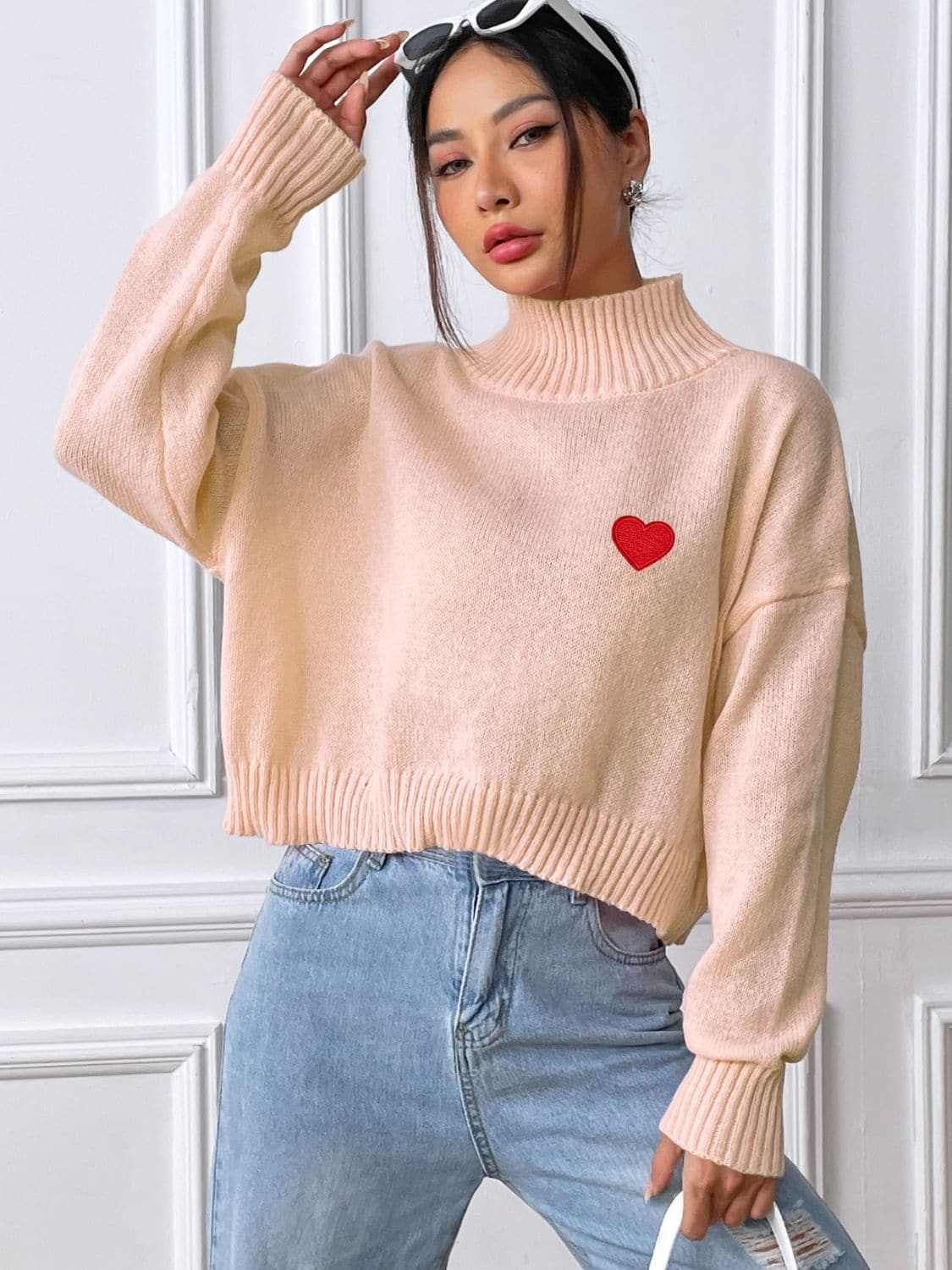 Trendsi Heart Turtleneck Sweater Women's Cozy Knit Top