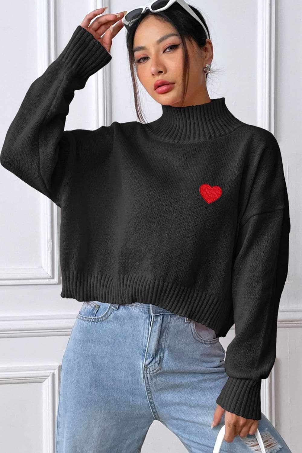 Trendsi Heart Turtleneck Sweater Women's Cozy Knit Top