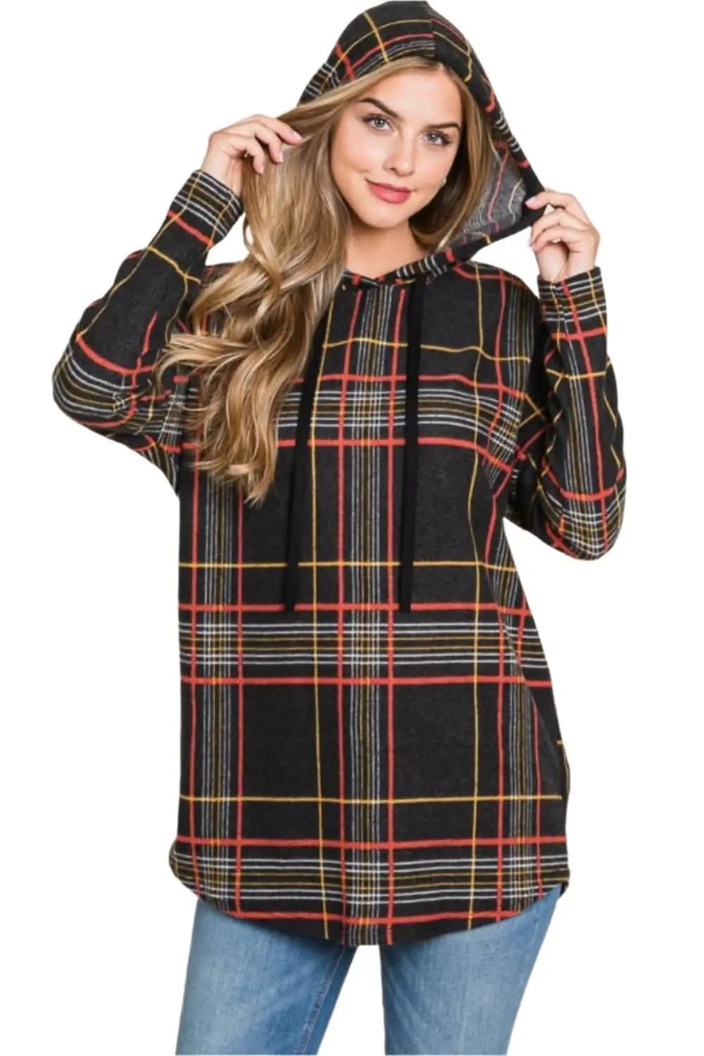 Jackets Trendsi Plaid drawstring hoodie for comfort