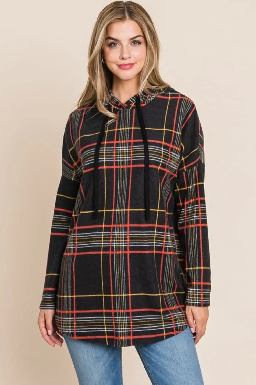 Jackets Trendsi Plaid drawstring hoodie for comfort