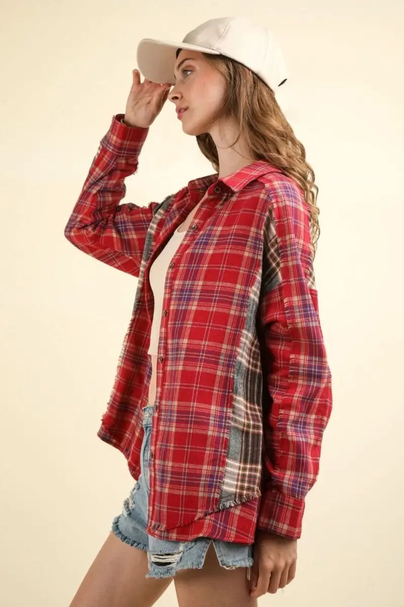 Shirts Trendsi Plaid Shirt Women's Casual Raw Hem Top Trendy Comfy