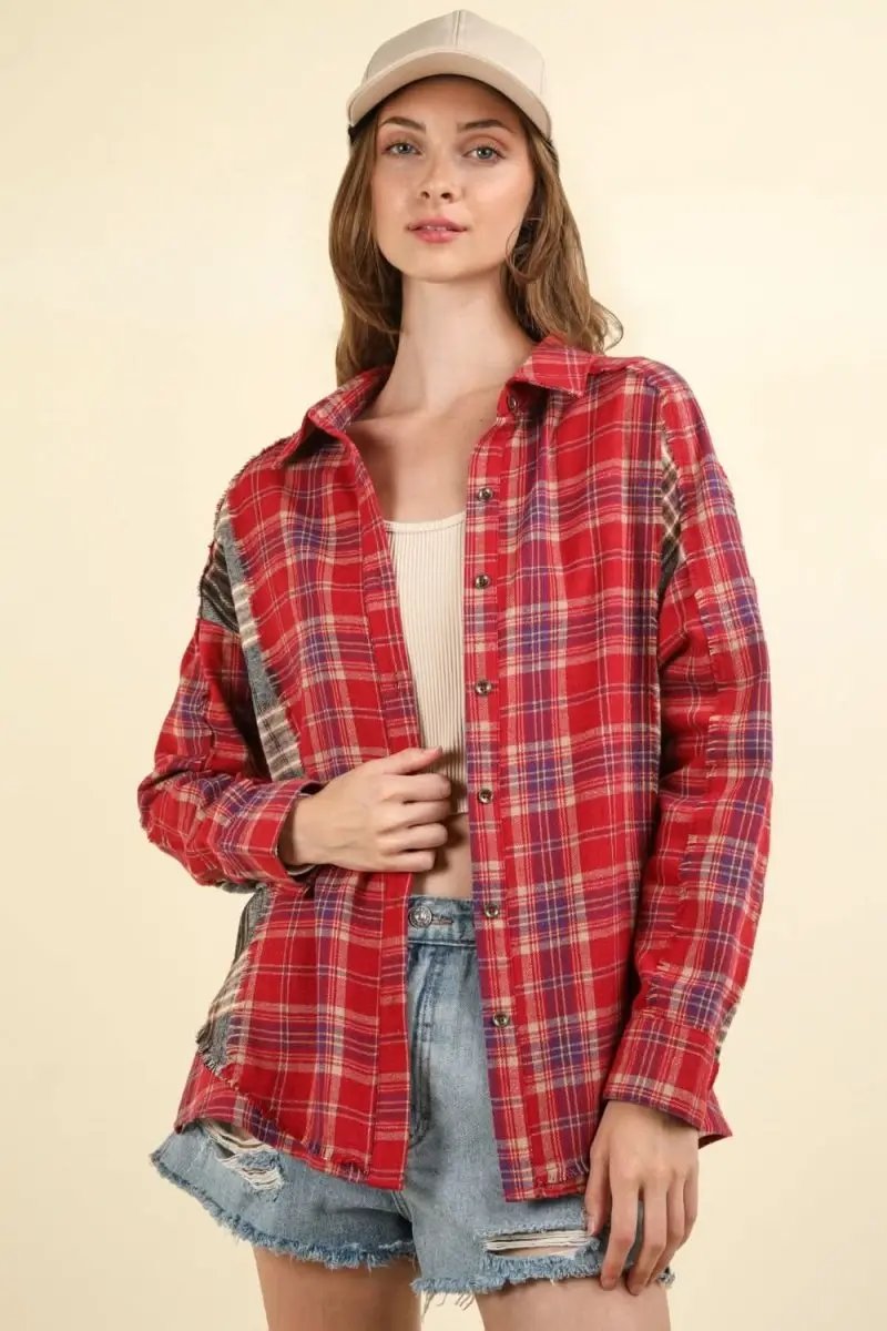 Shirts Trendsi Plaid Shirt Women's Casual Raw Hem Top Trendy Comfy