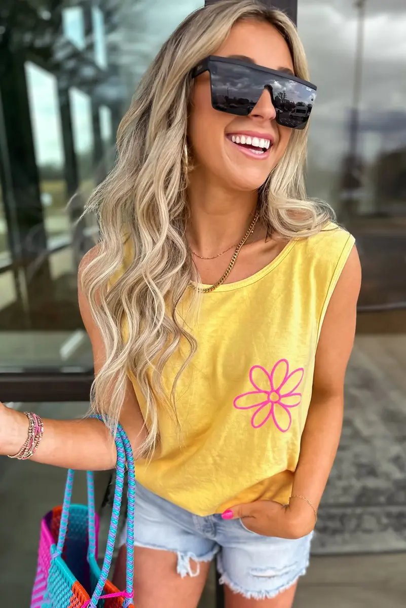 Women's Tank Top Tank Top - Yellow Floral - Summer Beach Casual Sleeveless
